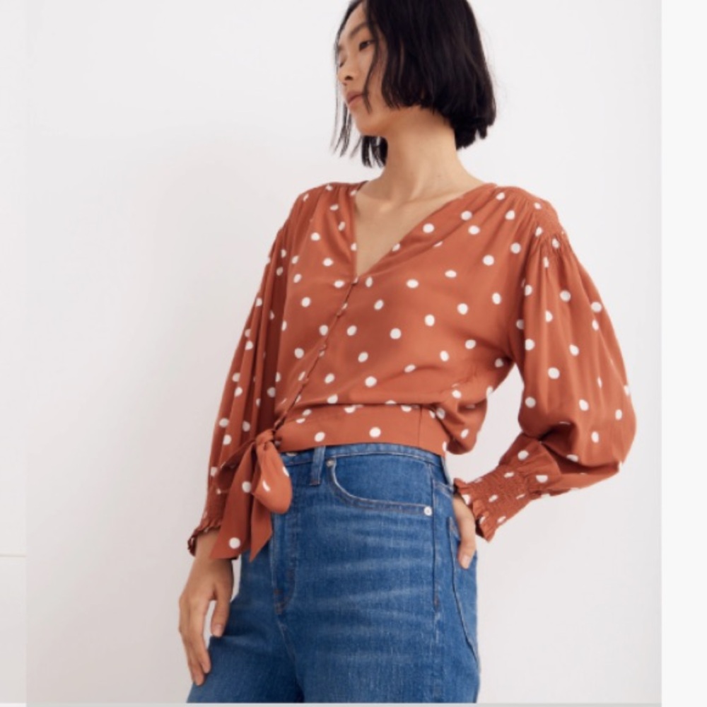 Madewell new tie front polka dot top in weathered brick size 10